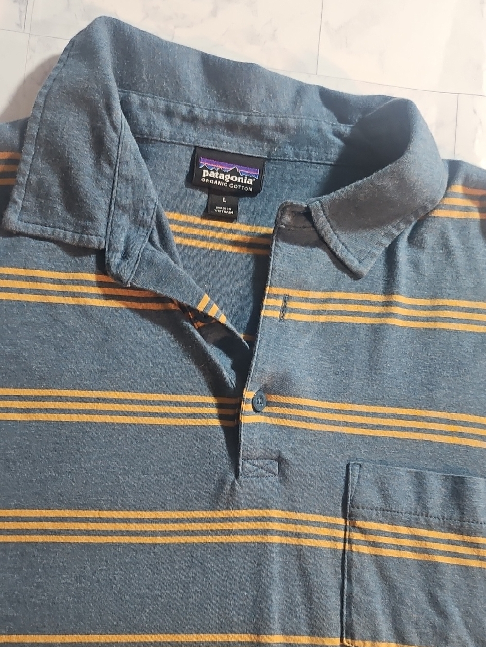 Patagonia Men’s Blue Polo with Yellow Horizontal Stripes